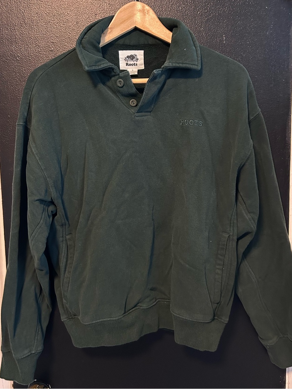 Roots Dark Green Polo-Style Pullover Sweatshirt